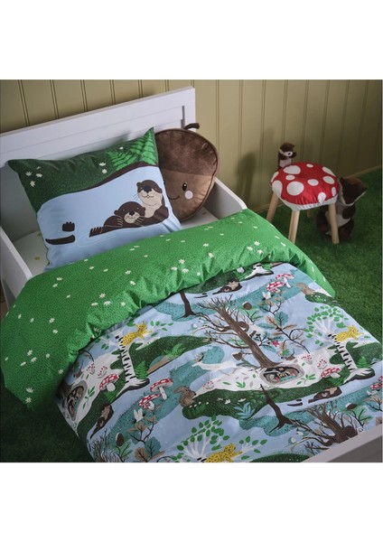 Skogsduva Çocuk Nevresim Takımı 150 x 200 - 50 x 60 cm Mavi Yeşil Pamuk Viskon Kumaş
