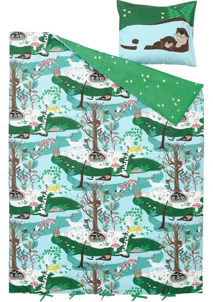 Skogsduva Çocuk Nevresim Takımı 150 x 200 - 50 x 60 cm Mavi Yeşil Pamuk Viskon Kumaş