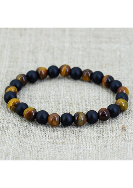 Unisex Kaplan Gözü ve Onix Doğal Taş Bileklik, Renkli, Şık ve Zarif Tasarım