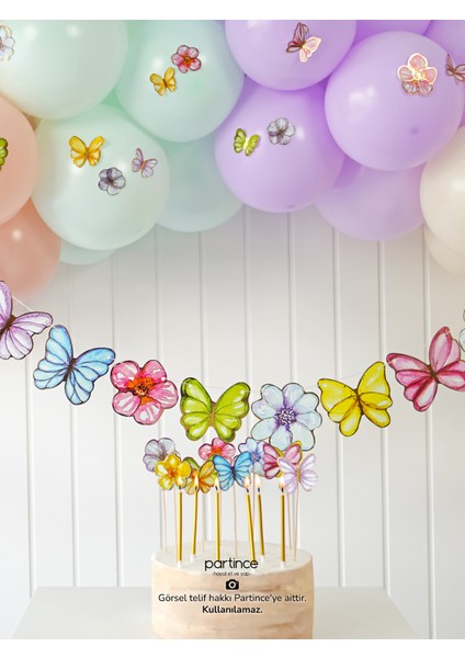 Pastel Kelebek Çiçek Konseptli Doğum Günü Balon Zinciri Kiti