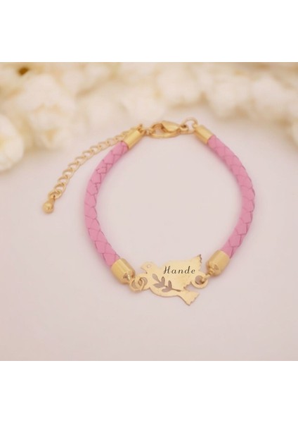 14 Ayar Plakalı Altın Hande Ismine Özel Doğal Pembe Derili Kuş Motifli Hediye BILEKLIK-444ISIM