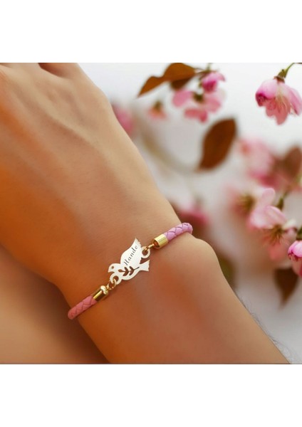 14 Ayar Plakalı Altın Hande Ismine Özel Doğal Pembe Derili Kuş Motifli Hediye BILEKLIK-444ISIM fiyatları