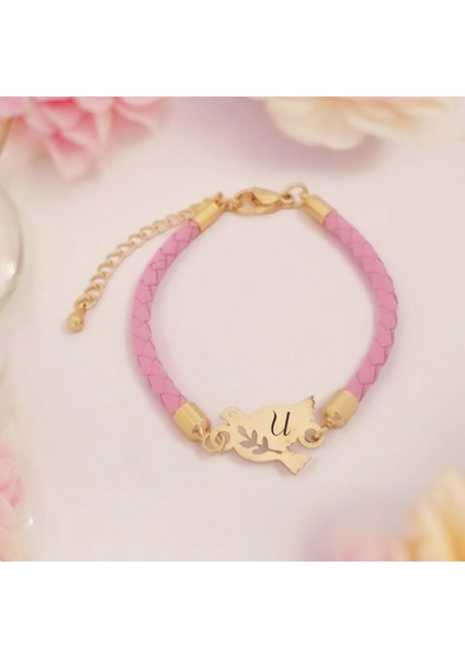 Altın Plakalı 14 Ayar U Harfine Özel Doğal Pembe Derili Kuş Motifli Hediye BILEKLIK-444HARF