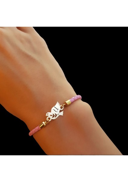Altın Plakalı 14 Ayar U Harfine Özel Doğal Pembe Derili Kuş Motifli Hediye BILEKLIK-444HARF fiyatları