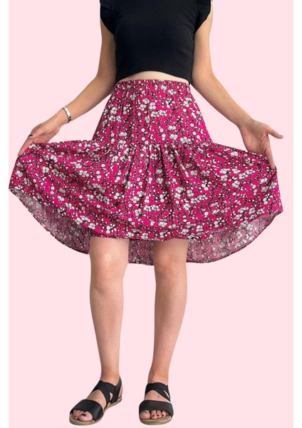 Viskon Kumaş Çiçek Desenli Midi Boy Kadın Şort Etek