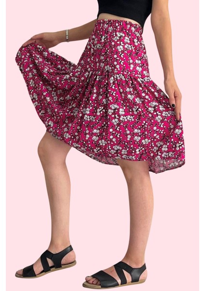 Viskon Kumaş Çiçek Desenli Midi Boy Kadın Şort Etek modelleri