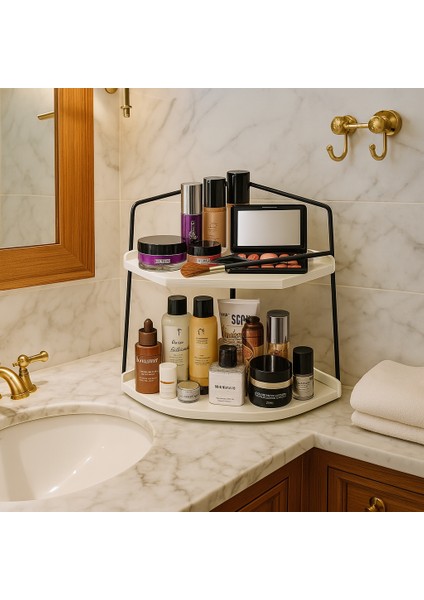 Banyo Rafı Çok Amaçlı Düzenleyici Tezgah Üstü Dekoratif 2 Katlı Raf | Çok Amaçlı Organizer Paslanmaz Çelik & Ahşap Stand – Salon, Mutfak, Banyo, Çalışma Alanı Için