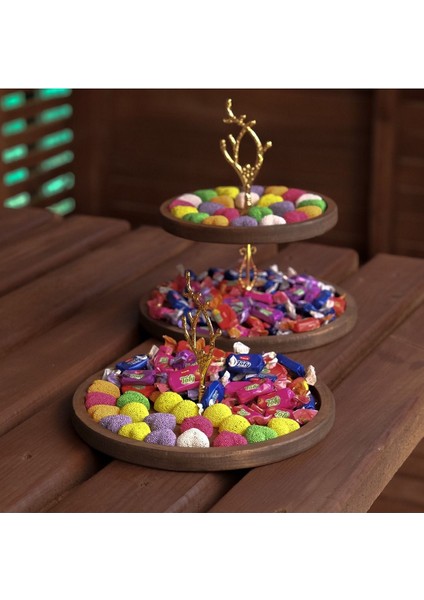 2 Katlı ve Tek Katlıyuvarlak Kulp Desenli Kulp Ahşap Kek Pasta Sunumluk Standı, Servis Sunum Tabağı,