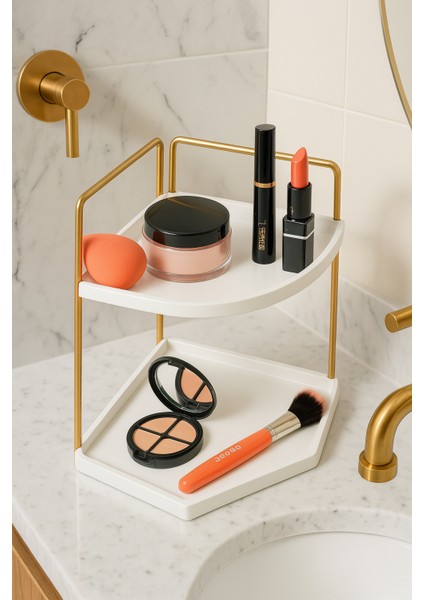 Takı Ve Makyaj Organizeri - Çok Amaçlı Banyo Kozmetik Rafı Dekoratif 2 Katlı Raf | Çok Amaçlı Organizer Paslanmaz Çelik & Ahşap Stand – Salon, Mutfak, Banyo, Çalışma Alanı Için