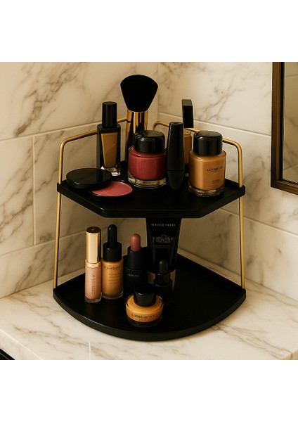 Banyo Kozmetik Takı Düzenleyici Masaüstü Raf Çok Amaçlı Mutfak Rafı - Servis Sunum Ikramlık Tepsisi Dekoratif 2 Katlı Raf | Çok Amaçlı Organizer Paslanmaz Çelik & Ahşap Stand