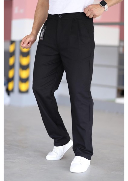 Çift Pileli Siyah Renk Beli Yarım Lastikli Kaliteli Rahat Kesim Keten Baggy Pantolon modelleri