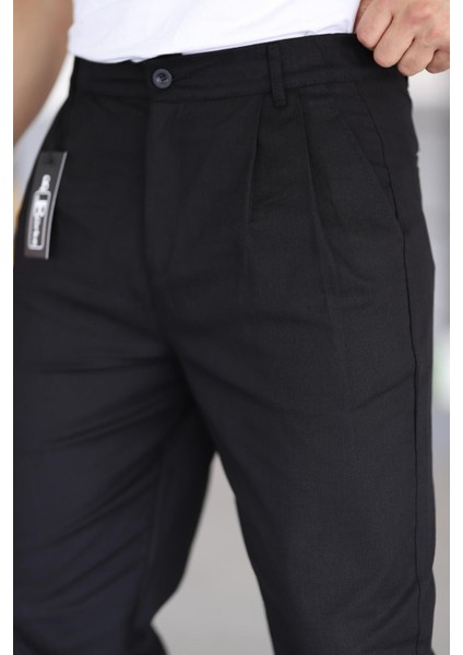 Çift Pileli Siyah Renk Beli Yarım Lastikli Kaliteli Rahat Kesim Keten Baggy Pantolon fırsatları