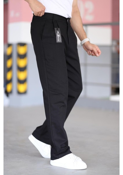 Çift Pileli Siyah Renk Beli Yarım Lastikli Kaliteli Rahat Kesim Keten Baggy Pantolon