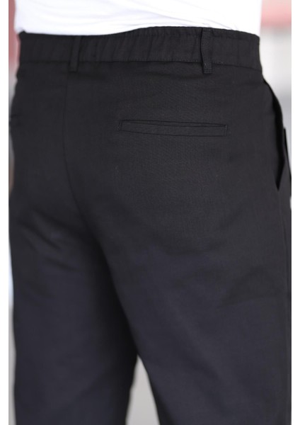 Çift Pileli Siyah Renk Beli Yarım Lastikli Kaliteli Rahat Kesim Keten Baggy Pantolon