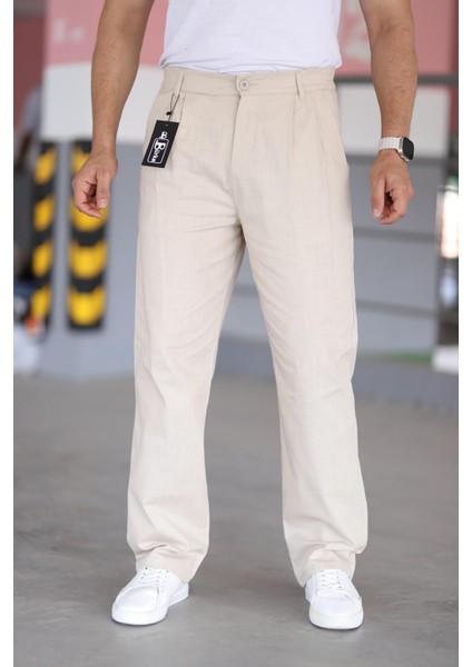 Çift Pileli Bej Renk Beli Yarım Lastikli Kaliteli Rahat Kesim Keten Baggy Pantolon