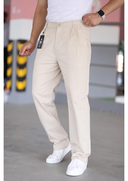 Çift Pileli Bej Renk Beli Yarım Lastikli Kaliteli Rahat Kesim Keten Baggy Pantolon fiyatları