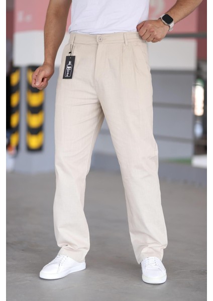 Çift Pileli Bej Renk Beli Yarım Lastikli Kaliteli Rahat Kesim Keten Baggy Pantolon modelleri