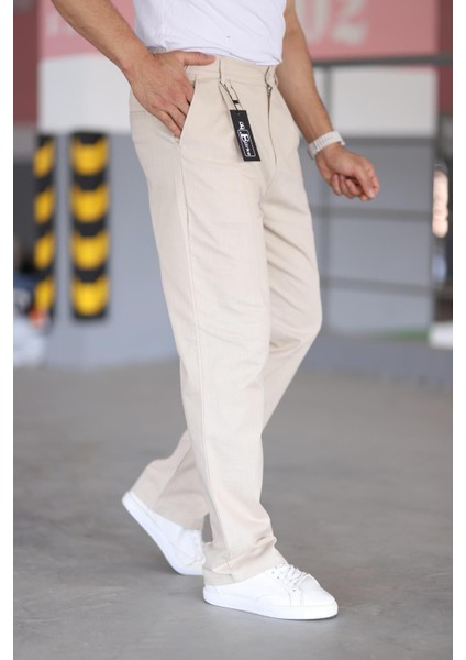 Çift Pileli Bej Renk Beli Yarım Lastikli Kaliteli Rahat Kesim Keten Baggy Pantolon fırsatları