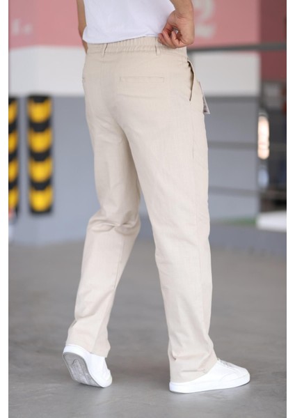 Çift Pileli Bej Renk Beli Yarım Lastikli Kaliteli Rahat Kesim Keten Baggy Pantolon indirimleri