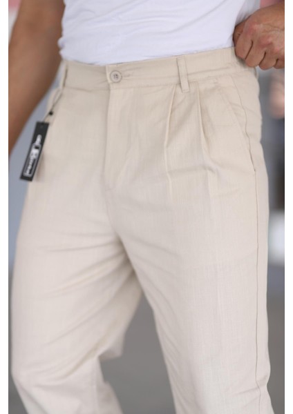 Çift Pileli Bej Renk Beli Yarım Lastikli Kaliteli Rahat Kesim Keten Baggy Pantolon