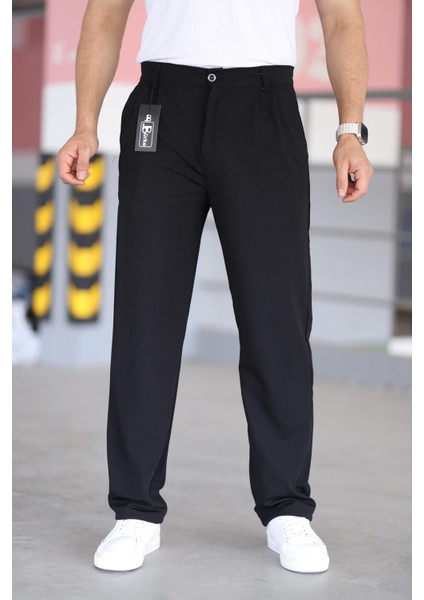 Çift Pileli Siyah Renk Beli Yarım Lastikli Kaliteli Rahat Kesim Örme Baggy Pantolon