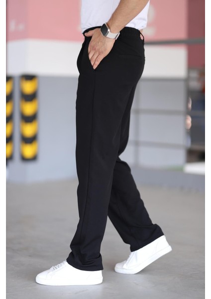 Çift Pileli Siyah Renk Beli Yarım Lastikli Kaliteli Rahat Kesim Örme Baggy Pantolon fiyatları
