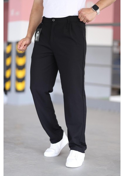 Çift Pileli Siyah Renk Beli Yarım Lastikli Kaliteli Rahat Kesim Örme Baggy Pantolon modelleri