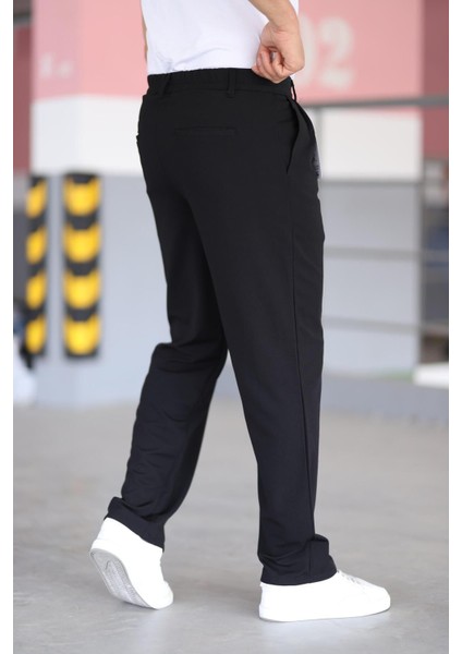 Çift Pileli Siyah Renk Beli Yarım Lastikli Kaliteli Rahat Kesim Örme Baggy Pantolon