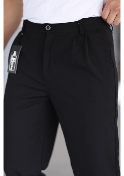 Çift Pileli Siyah Renk Beli Yarım Lastikli Kaliteli Rahat Kesim Örme Baggy Pantolon