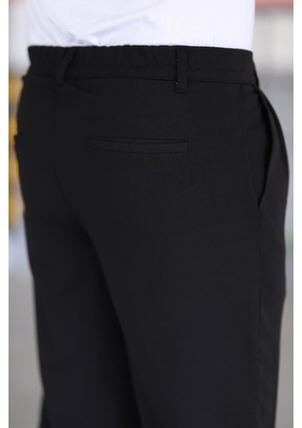 Çift Pileli Siyah Renk Beli Yarım Lastikli Kaliteli Rahat Kesim Örme Baggy Pantolon
