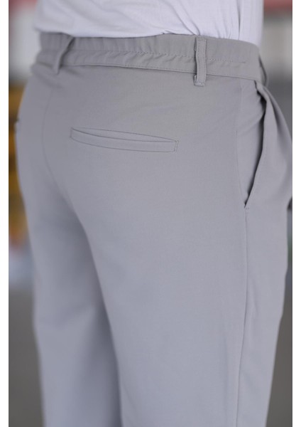 Çift Pileli Gri Renk Beli Yarım Lastikli Kaliteli Rahat Kesim Örme Baggy Pantolon