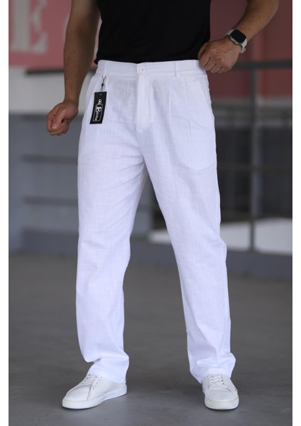 Çift Pileli Beyaz Renk Beli Yarım Lastikli Kaliteli Rahat Kesim Keten Baggy Pantolon