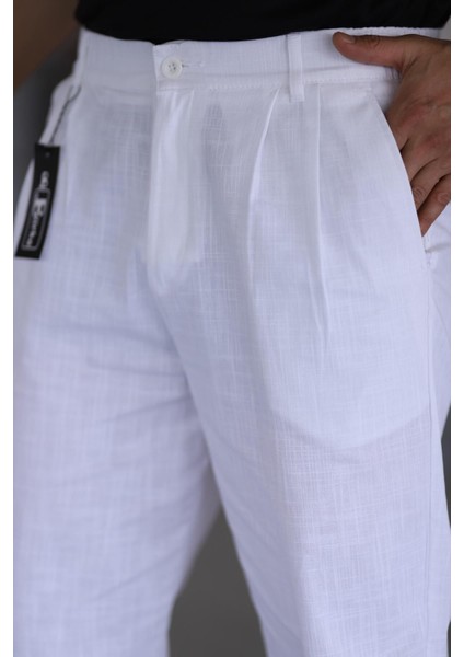 Çift Pileli Beyaz Renk Beli Yarım Lastikli Kaliteli Rahat Kesim Keten Baggy Pantolon modelleri