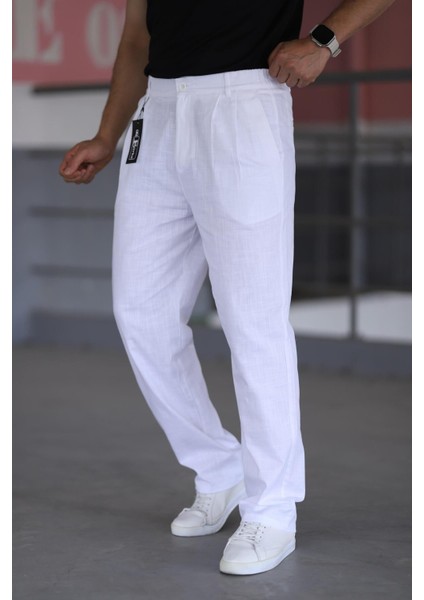 Çift Pileli Beyaz Renk Beli Yarım Lastikli Kaliteli Rahat Kesim Keten Baggy Pantolon fırsatları