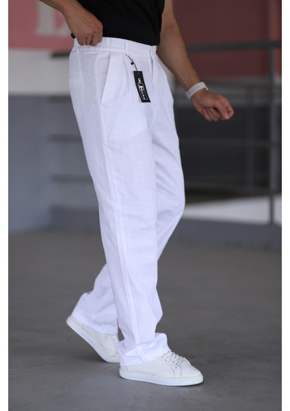 Çift Pileli Beyaz Renk Beli Yarım Lastikli Kaliteli Rahat Kesim Keten Baggy Pantolon indirimleri