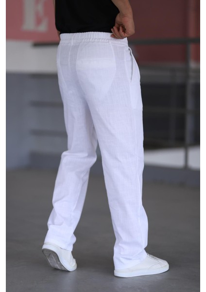 Çift Pileli Beyaz Renk Beli Yarım Lastikli Kaliteli Rahat Kesim Keten Baggy Pantolon