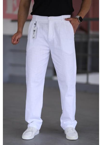 Çift Pileli Beyaz Renk Beli Yarım Lastikli Kaliteli Rahat Kesim Keten Baggy Pantolon
