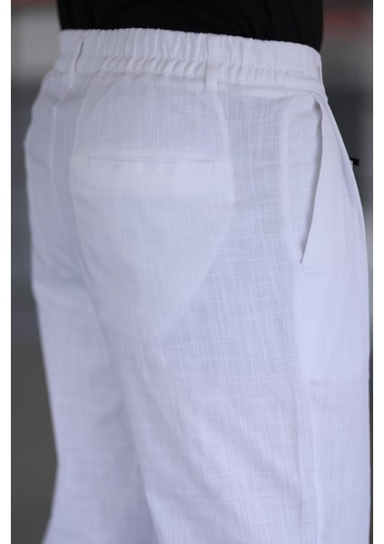 Çift Pileli Beyaz Renk Beli Yarım Lastikli Kaliteli Rahat Kesim Keten Baggy Pantolon