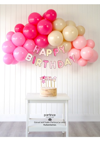Pembe Tema Happy Birthday Yazılı Doğum Günü Balon Zincir Seti Pembe Konseptli Doğum Günü Süsü