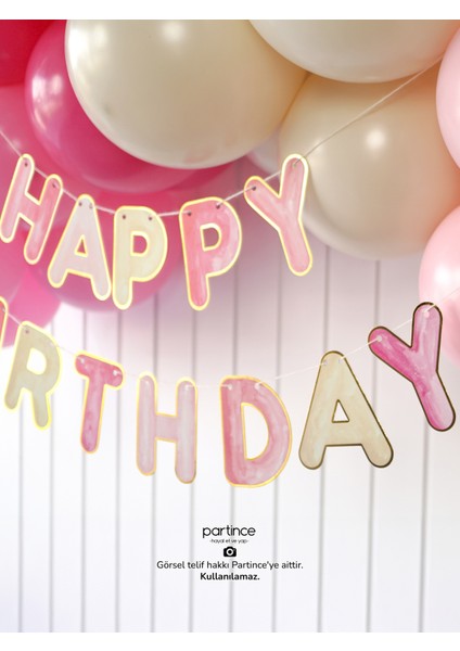 Pembe Tema Happy Birthday Yazılı Doğum Günü Balon Zincir Seti Pembe Konseptli Doğum Günü Süsü modelleri