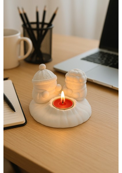 Ateş Başında Isınan Kardan Adam Mumluk Seti – El Yapımı Yılbaşı Dekoru