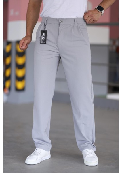 Çift Pileli Gri Renk Beli Yarım Lastikli Kaliteli Rahat Kesim Örme Baggy Pantolon