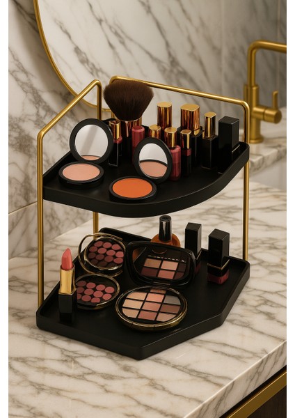 Mutfak Tezgah Üstü Raf - Çok Amaçlı Düzenleyici Takı, Makyaj Ve Kozmetik Organizeri - 2 Katlı Servislik Dekoratif 2 Katlı Raf | Çok Amaçlı Organizer Paslanmaz Çelik & Ahşap Stand