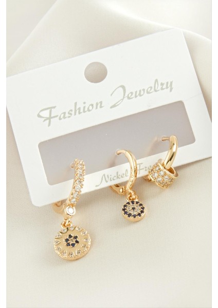 3 Adet Nazar Zirkon Taşlı Küpe