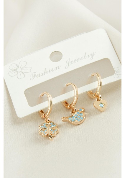 3 Adet Yonca Zirkon Taşlı Küpe