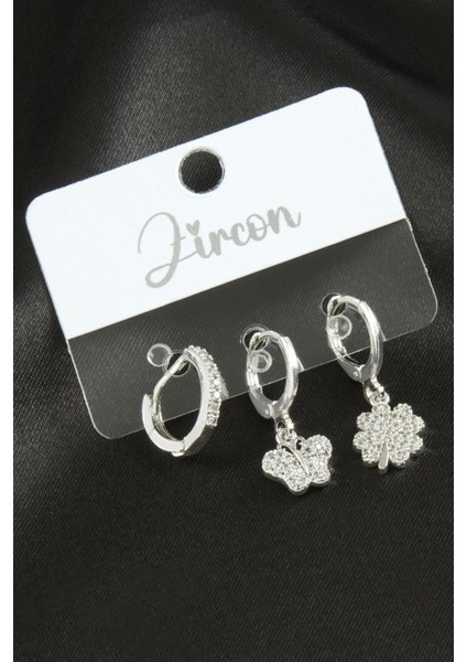 3 Adet Kelebek Yonca Zirkon Taşlı Küpe