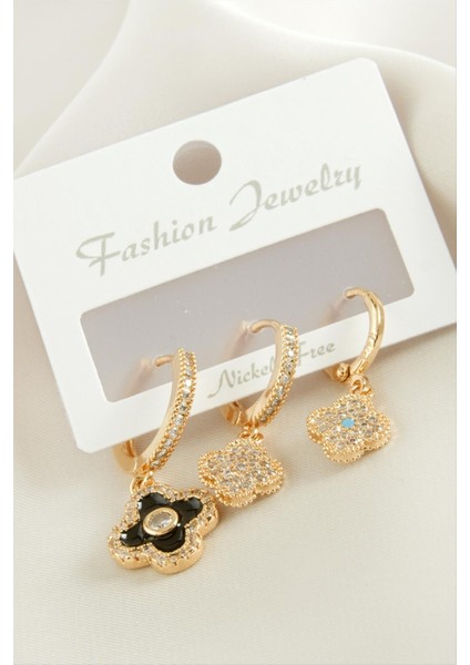 3 Adet Çiçek Zirkon Taşlı Küpe