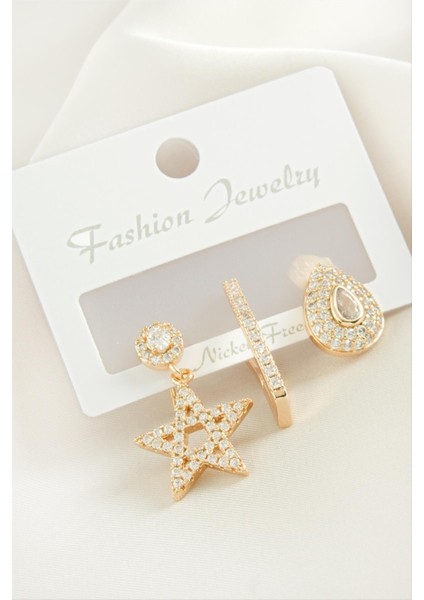 3 Adet Yıldız Zirkon Taşlı Küpe