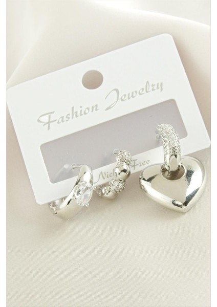 3 Adet Kalp Zirkon Taşlı Küpe