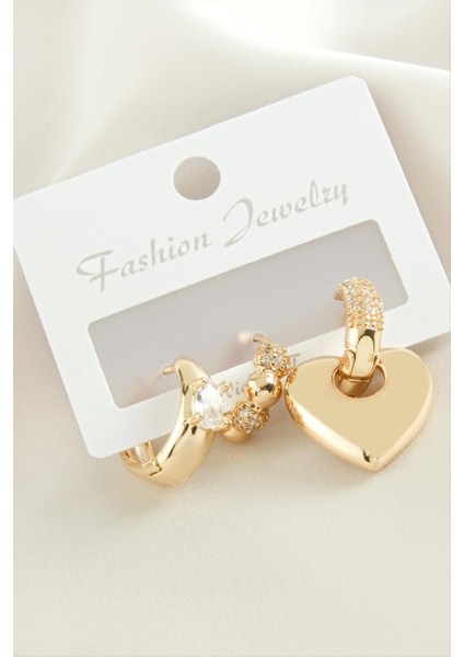 3 Adet Kalp Zirkon Taşlı Küpe